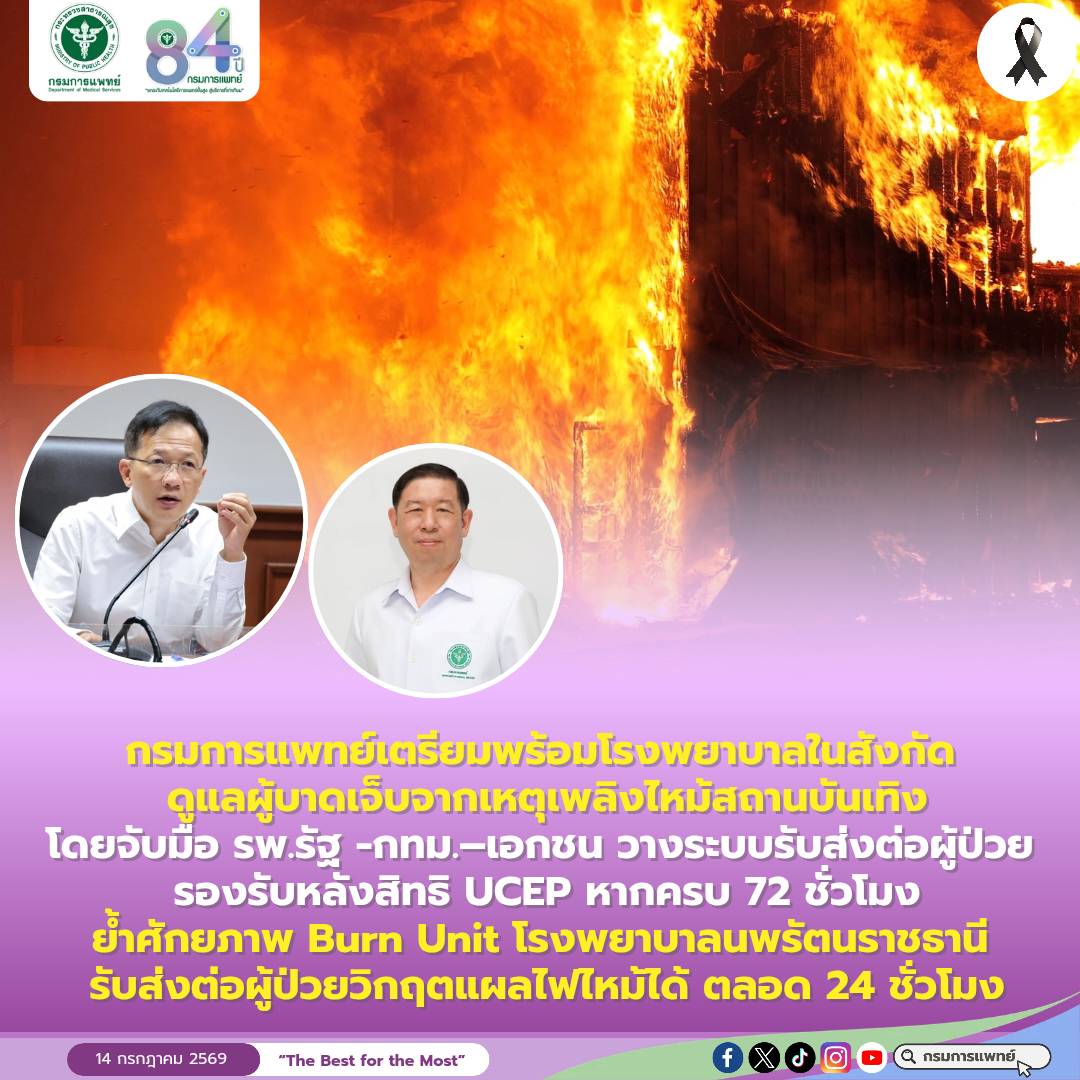 กรมการแพทย์เตรียมพร้อมโรงพยาบาลในสังกัด ดูแลผู้บาดเจ็บจากเหตุเพลิงไหม้สถานบันเทิง โดยจับมือ รพ.รัฐ -กทม.–เอกชน วางระบบรับส่งต่อผู้ป่วย รองรับหลังสิทธิ UCEP หากครบ 72 ชั่วโมง ย้ำศักยภาพ Burn Unit โรงพยาบาลนพรัตนราชธานี รับส่งต่อผู้ป่วยวิกฤตแผลไฟไหม้ได้ ตลอด 24 ชั่วโมง