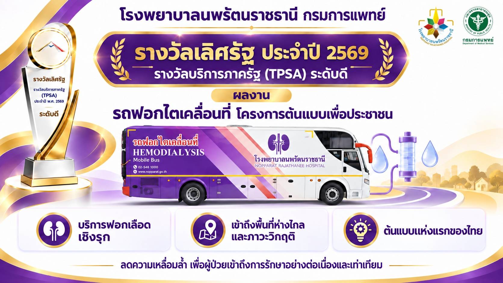 กรมการแพทย์ชู “รถฟอกไตเคลื่อนที่” รพ.นพรัตนราชธานี ต้นแบบแห่งแรกของไทย คว้ารางวัลเลิศรัฐ ประจำปี 2569 นวัตกรรมบริการเชิงรุก ลดความเหลื่อมล้ำ ดูแลผู้ป่วยไตในพื้นที่ห่างไกลและภาวะวิกฤติ